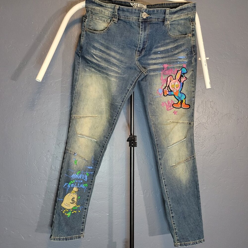Genuine Authentic Garments Men’s Jeans Embroidered  Diamond Eyes Bunny $Bags 36